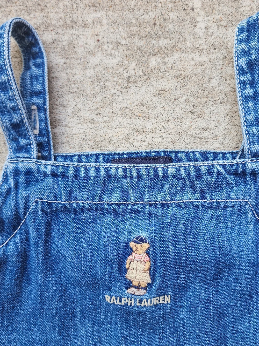 Vintage Ralph Lauren Girls Denim Dress Polo Bear Embroidered Jumper Size 5